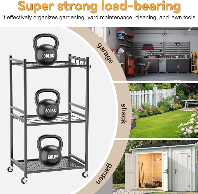 Garden Tool Organizer Stand, 35 Slots Storage Rack with lockable Wheels and Hooks, Iron Construction, 4 Shelves Fit for Long-Handled Tools/Rakes/Brooms