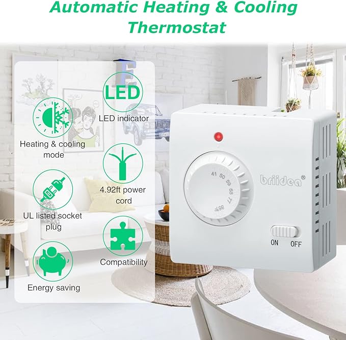 Adjustable Thermostat, Briidea Plug in Heating & Cooling Thermostat with LED Indicator, Compatible with Space Heater, Window Air Conditioners, Fans, Ideal for Household, Reptile, Greenhouse
