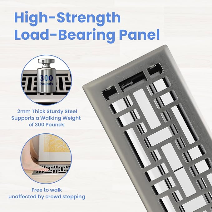 Howeall 4x12 Inches 4 Pack Heavy Duty Walkable Floor Register - Easy Adjust Air Supply Lever Decorative Floor Vent Covers, Seattle Design Vent Covers for Home - Satin Nickel