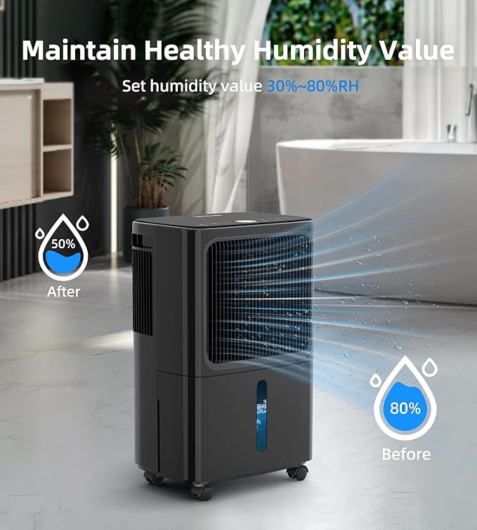 2500 Sq.Ft Dehumidifiers for Home with Drain Hose Max 34 Pints, VEAGASO Dehumidifier for Basement, Bathroom, Bedroom, Three Modes, Intelligent Humidity Control, Dry Clothes, 24HR Timer BLACK