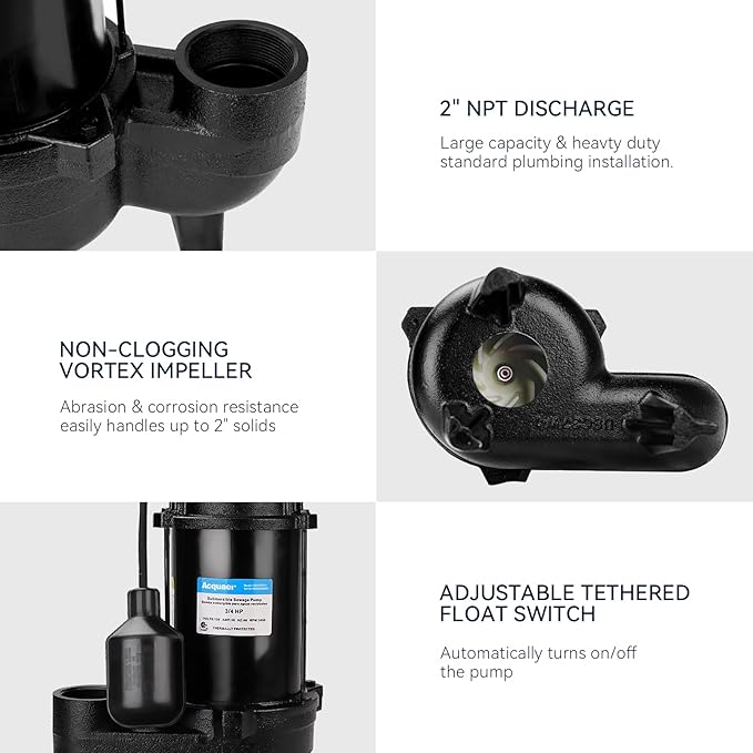 Acquaer Sewage Pump Submersible Water Pump with Automatic Float Switch, for Sump Basin, Residential Sewage, Black, 2'' NPT 3/4 HP 6400 GPH