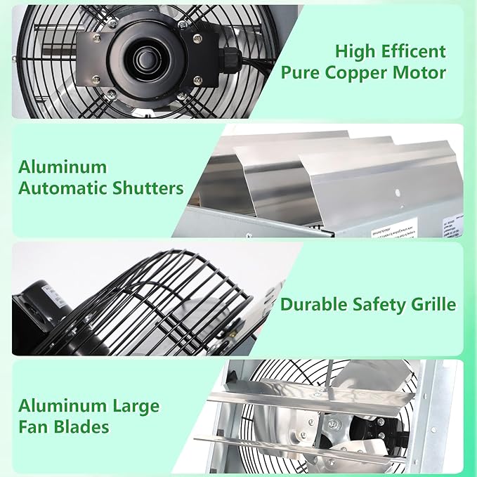 Shutter Exhaust Fan with Thermostat & Speed Control, 844 CFM,1606 RPM, Upgrade 10 inch Wall Mount Attic Vent Fan for Chicken Coops, Greenhouse, Gable, Barn, Garage, Shed Ventilator