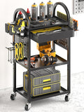 Warome Power Tool Organizer Cart with Drawer, Garage Floor Rolling Storage Cart on Wheels for Mechanic, Heavy Duty Utility Rack Shelf for 360° Swiveling, Garage Orgnization for Drill Holder