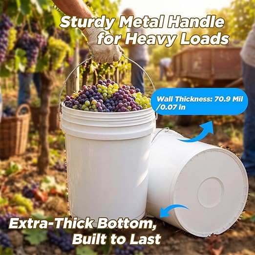 DEMORA 5 Gallon Heavy Duty Plastic Bucket, Food Grade Pail Without Lid, Metal Handle, BPA-Free, for Storage, Fishing, Car Wash, Paint, DIY, Industrial & Job Sites（White，3 Pack）