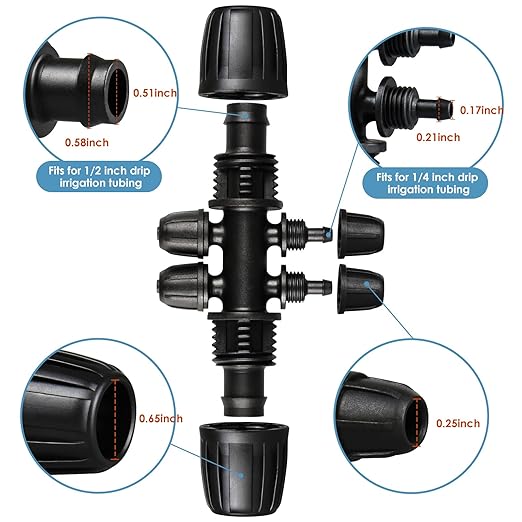 Barbed Tee 1/2" to 1/4" Drip Irrigation Fittings: 10 Pieces 1/2 Inch Tubing (1/2" ID x0.6-0.63" OD) Six-way Connectors for 16mm to 1/4 Inch Irrigation Drip System