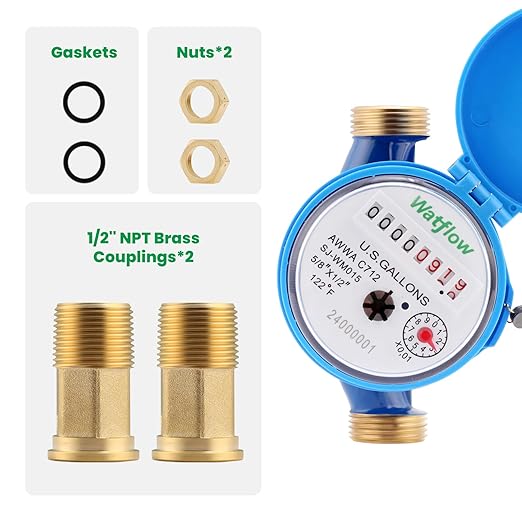 Watflow DN15 Water Meter 1/2" NPT, AWWA C712 Certification Gallon Water Flow Meter, Cold Water Meter for Garden/Home/Apartment, Horizontal Install.