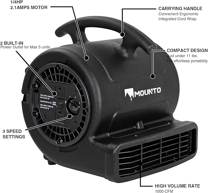 MOUNTO 1/4hp 1000CFM 2 Speed Air Mover Carpet Dryer Floor Fan Cooling Fan (Black)
