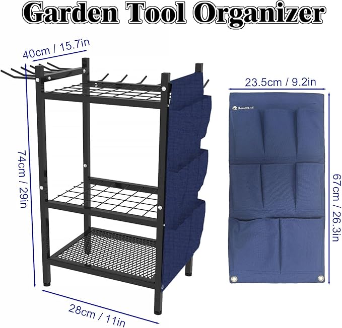 Garden Tool Organizer Rack, Heavy Duty Metal Yard Tool Stand for Garage, Shed, Outdoor, Holds Up to 50 Long-Handled Tools, Rakes, Brooms, Shovels, 3-Tier Utility Storage with Hooks, Black