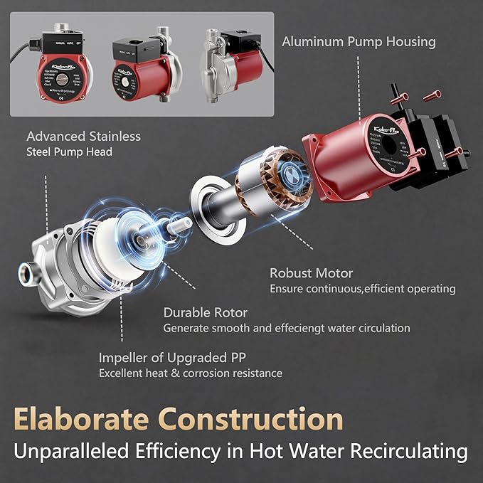 Hot Water Recirculating Pump,120W 110V Automatic Circulating Pump/Booster Pump Stainless Steel Head NPT 3/4",15-9S Three Speed Control for Electric Water Heater System