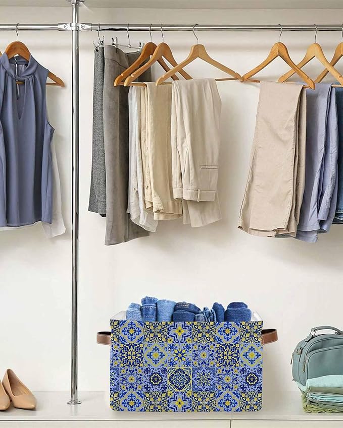 Vintage Boho Storage Bins Cubes Waterproof Cloth Storage Basket,Middle Century Bohemia Style Patchwork Blue Foldable Storage Bags for Shelf Clothes Storages Organizers with Handles 15x11x9.5 in 2PCS
