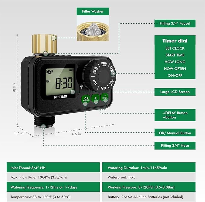 RESTMO Sprinkler Timer for Outdoor Hose Faucet 2 Pack, Up to 11h59m Programmable Watering Timer for Soaker Hose, Misting with Brass Inlet & Large Dial, Rain Delay/Manual/Automatic Irrigation System