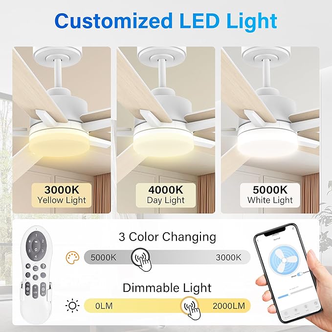 Lorpies 52” Smart Ceiling Fan with Lights Remote,Voice Control via Alexa Google WIFI App,Ultra Quiet DC Motor,Outdoor Indoor Modern Ceiling Fans,6-Speed for Bedroom Patio Porch,White and Wood Color