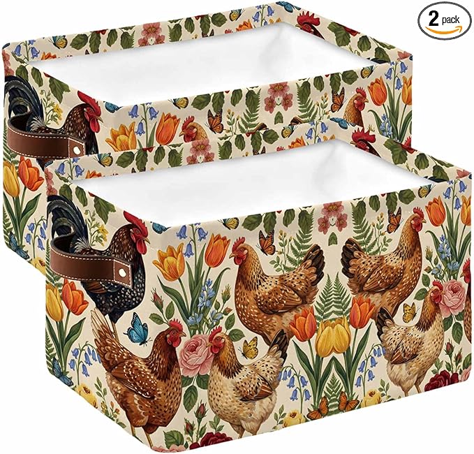 Rooster Floral Storage Bins Cubes Waterproof Cloth Storage Basket, Farmhouse Spring Flowers Butterflies Foldable Storage Bags for Shelf Closet Clothes Organizers with Handles 15x11x9.5 in 2PCS