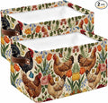 Rooster Floral Storage Bins Cubes Waterproof Cloth Storage Basket, Farmhouse Spring Flowers Butterflies Foldable Storage Bags for Shelf Closet Clothes Organizers with Handles 15x11x9.5 in 2PCS