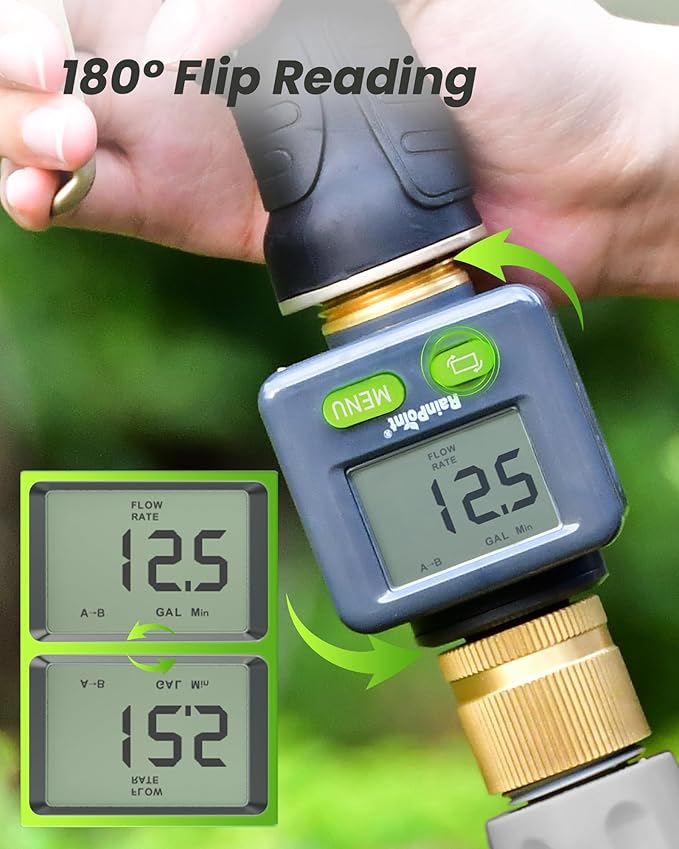 RAINPOINT Water Flow Meter with Brass Inlet & Outlet, 180° Screen-Flip Water Meter, Measure Gallon/Liter Consumption for RV Filling, Garden Watering, Sprinkler and Hoze Nozzle (Pack of 2)