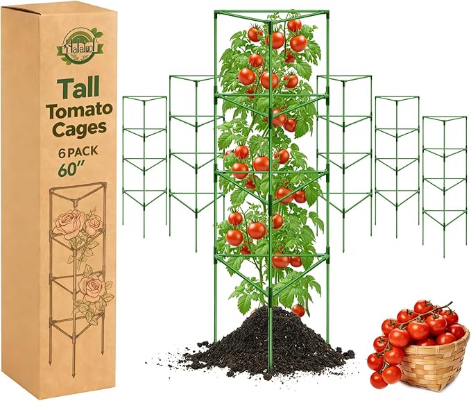 Halatool 6 Pack Tomato Cages for Graden 60 Inch, Adjustable Metal Tall Heavy Duty Tomato Trellis Plant Support, Foldable Tomatoes Stakes for Climbing Vegetables Flowers Fruits