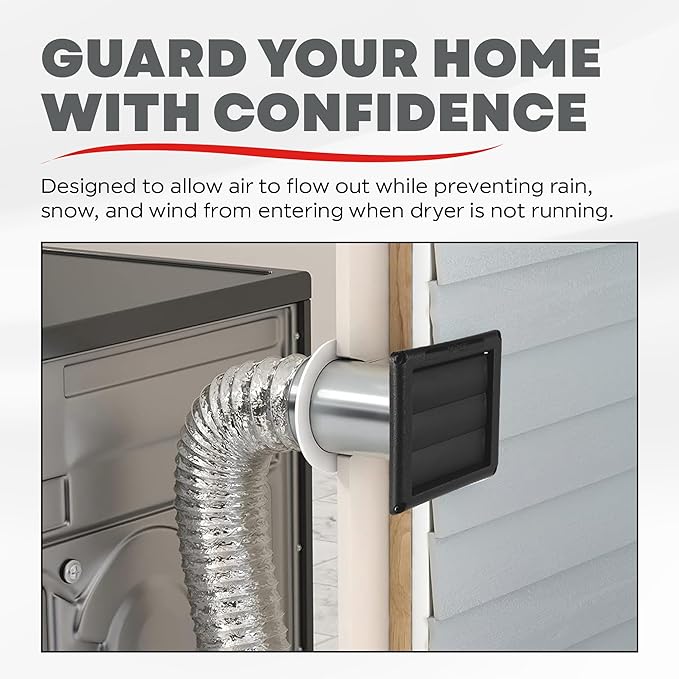 Deflecto Supurr-Vent 4” Outdoor Dryer Vent Cover Black Louvered Wall Hood with Gravity Damper for Backdraft Prevention, Fits Standard 4” Dryer Exhaust Pipe, Weather & UV-Resistant, Durable 6"x6" Face