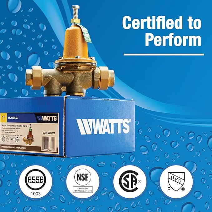 Watts LF25AUB-Z3 Series 1" Lead-Free Cast Copper Silicon Alloy Water Pressure Reducing Valve, NPT Female Union x NPT Female Outlet, Polymer Seat, Adjustable Pressure 25 to 75 psi, Maximum 300 psi