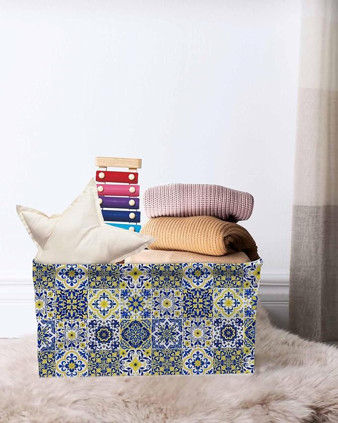 Middle Century Storage Bins Cubes Waterproof Cloth Storage Basket, Vintage Farmhouse Bohemia Style Blue Foldable Storage Bags for Shelf Clothes Storages Organizers with Handles 15x11x9.5 in 1PCS