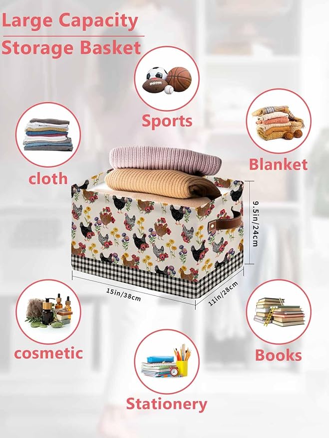Farmhouse Rooster Storage Bins Cubes Waterproof Cloth Storage Basket,Vintage Watercolor Flowers Black Plaid Foldable Storage Bags for Shelf Clothes Storages Organizers with Handles 15x11x9.5 in 2PCS