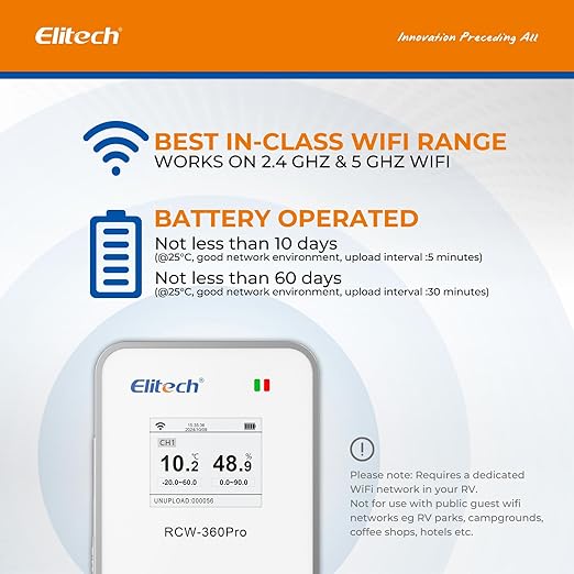 Elitech Cellular + Wi-Fi Remote Temperature Humidity Monitor Data Logger 100000 Points, Power Outage Alarm, App/Email/Text Alerts, Pharmacy DDL, Cold Chain, PDF/CSV Report,2-Year Subscription Included