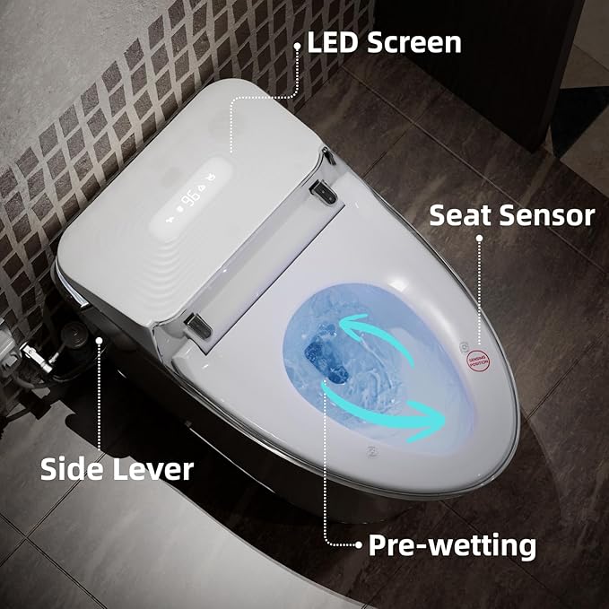 Y1 Smart Toilet, 1000g MaP Quiet Large-Pump Tech Flush, Foam Shield, ADA Comfort Elongated Bidet Toilet, Built in Tank, Dual Remotes, Auto Lid, Instant Warm Water & Air Dryer, Heated Seat
