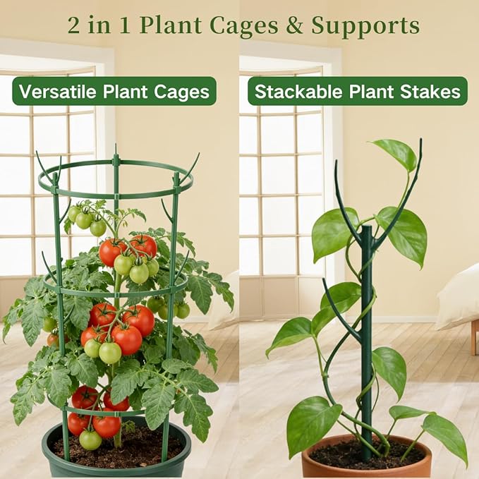 10Pack Stackable Plant Support, 2 in 1 Monstable Plant Stakes & Tomato Cage Kits for Indoor Outdoor Climibing Plants, Durable Alternative to Moss Pole Sticks Trellis for Houseplants Potted