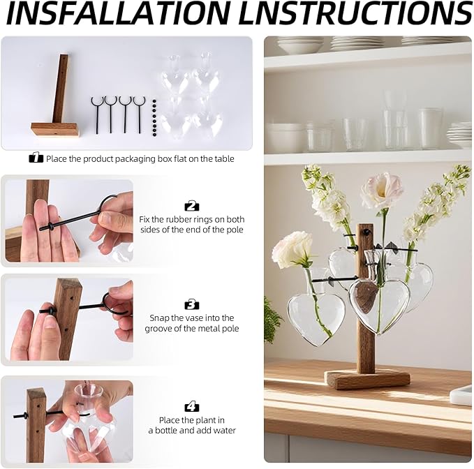 Plant Propagation Station with Acacia Wood Stand, 4 Heart-Shaped Propagation Vases for Plants, Unique Terrarium Kit for Office and Home Decor, Gifts for Plant Lovers