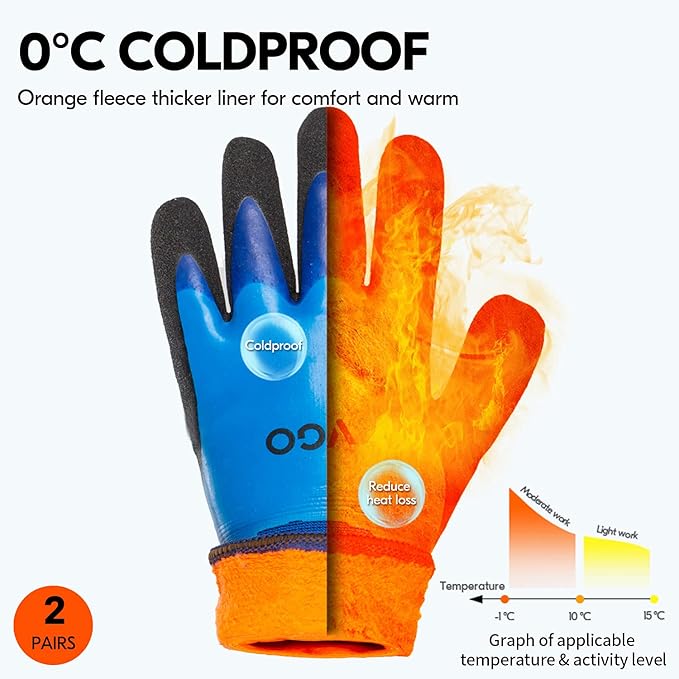 Vgo... 1-Pair 32°F Triple Latex Coating Winter Gloves, Light Duty Work Gloves, Waterproof, Oil Resistance, Abrasion Resistance (Size L, Blue, RB2172F)