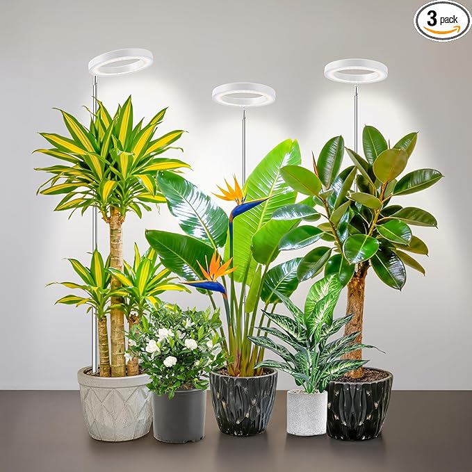 Kullsinss White Grow Light, Full Spectrum LED Plant Lighs for Indoor Growing with 6/12/16H Timer, 3 Color Modes, 5 Brightness, 10"-60" Height Adjustable Plant Lamp for Tall Indoor Plants (3 Pack)