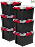 Sterilite 6 Pack 5 Gallon Gasket Box, Stackable Plastic Storage Container with Lids, Black - Waterproof and Dustproof Tote for Home Organization