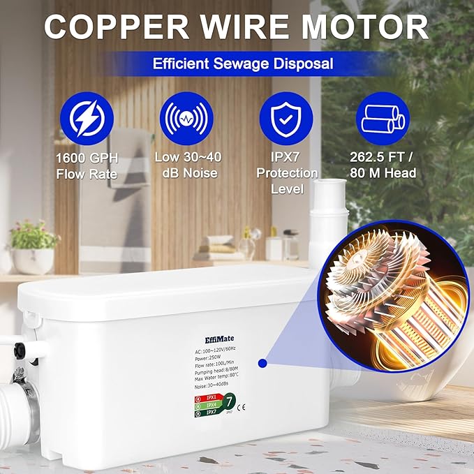 Macerator Pump, Silent 250W Sewage Sump Pump, 6000 L/h Flow, Upflush 26.3ft Head, IPX7, Utility Sink with 2 Inlets for Wastewater Disposal in Basement Shower Bathtub Laundry Kitchen RVs