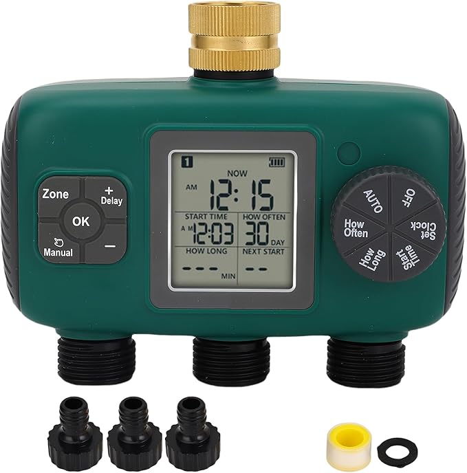 3 Outlet Sprinkler Timer Professional Grade Brass Construction LCD Display Irrigation Controller with Multiple Programs Child Lock Feature for Lawn Garden Yard Watering Sys