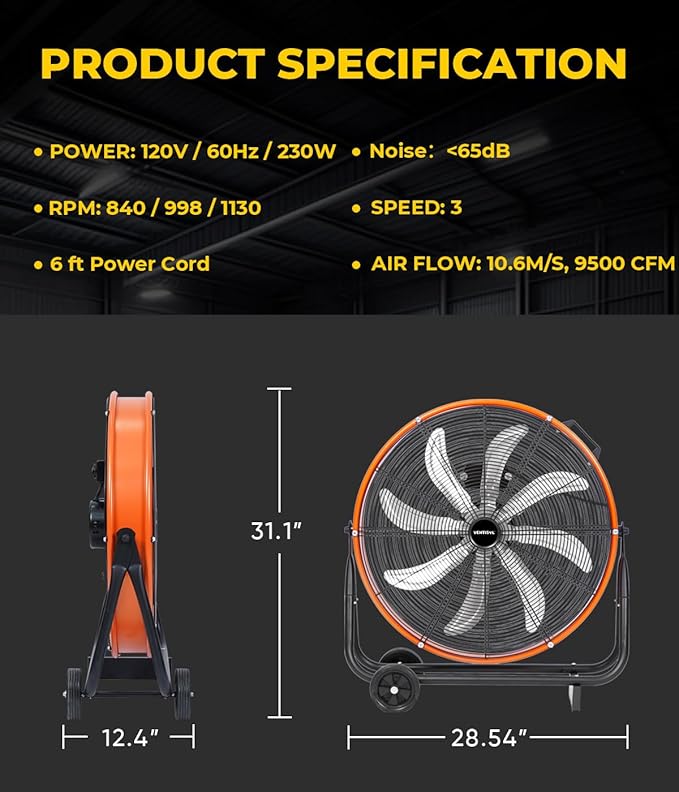 VENTISOL 24 Inch Industrial Floor Fan, 3-Speed High Velocity Shop Fan with 8 Blades, Heavy Duty Drum Fan 9500 CFM, Large Metal Garage Fans for Warehouse, Outdoor, Commercial