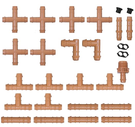 APT 1/2 Inch Drip Irrigation Fittings. 27 Count Full Irrigation System Connectors. Set of Faucet Adapter, Elbow, Transfer, Tee, End Plug, Cross and Gourmet. Also fits 17 MM Hose.