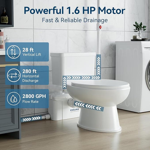 1200W Macerator Pump – 2800GPH, 28FT Vertical Lift Toilet Water Pump with Anti-Backflow, PCB Smart Control, IPX4 Waterproof, Macerator Pump Basement for Toilet, Sink, Bathroom etc.
