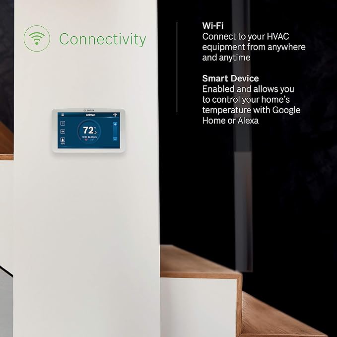 Bosch Large 5-Inch Full-Color Touch Screen Sleek Easy Setup Connected Control Smart Phone Wi-Fi Thermostat for 24V HVAC Systems with Bosch Connected Control App