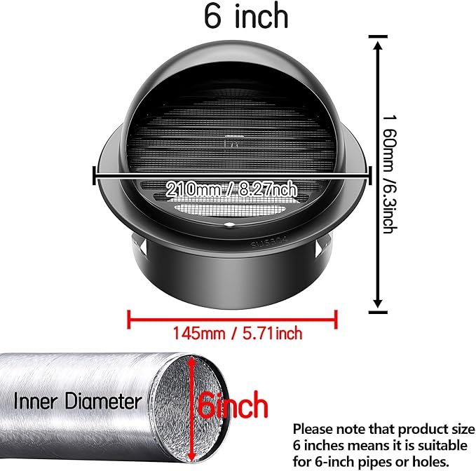 6" in Heavy Duty Thickened 304 Stainless Steel Air Vent Cover Louvered Grille Cover Vent Hood Round Cap Ducting Ventilation Air Outlet with Fly Screen Mesh for House (6inch-150MM Round Cap Black)