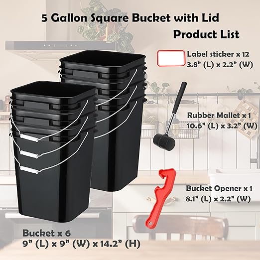 5 Gallon Bucket with Lid, Square Food Grade Plastic Pail with Metal Handles, Heavy Duty Industrial Storage Containers with Stickers, Rubber Mallet, Lid Opener (6 Pack, Black)