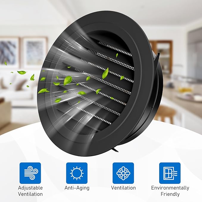 Hon&Guan 8 Inch Soffit Exhaust Vent, 8‘’ Round Air Vent Cover with Built-in a Fly Screen for Bathroom Office Home, Black