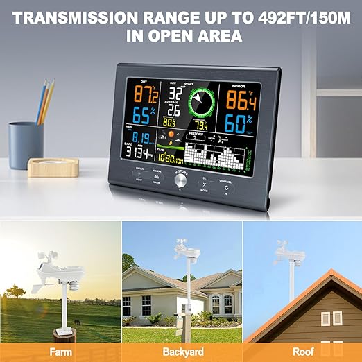 Urageuxy Weather Stations Wireless Indoor Outdoor, Home Weather Station with Rain Gauge, Atomic Clock, Wind Speed, Weather Forecast, Temperature, Humidity, Moon Phase, Barometric Pressure