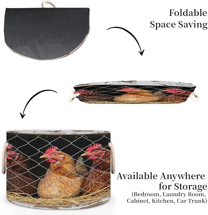 Large Storage Baskets - Rustic Farm Chicken Coop Nursery Round Collapsible Organizer Bin Box, Laundry Hamper for Kids Toys, Blanket, Bedroom Living Room Home Decor, Gift Basket, 19.4"x13.3"