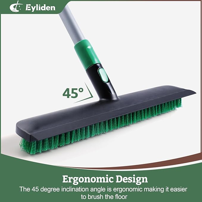 Eyliden Floor Scrub Brush with Long Handle, 15-inch Wide Deck Brush, 2in1 Floor Scrubber with Stiff Bristles and Rubber Squeegee for Bathroom, Shower, Kitchen, Patio, Garage, Telescoping Steel Handle