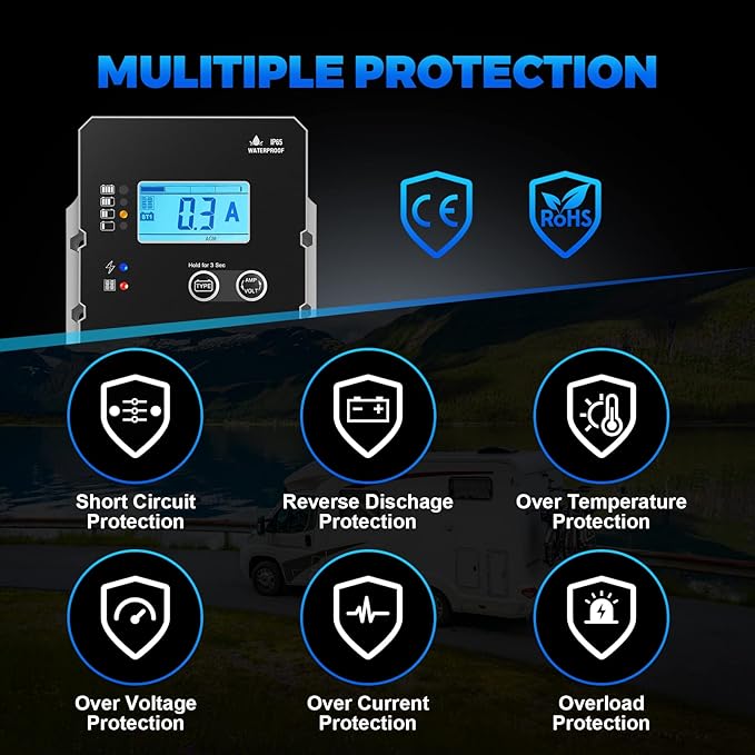 LNEX Solar Charge Controller Waterproof, 10A Super Thin Panel Battery Intelligent Regulator With LCD Display 12V/24V PWM Controller for LiFePO4, AGM, Gel, Flooded and Lithium Battery