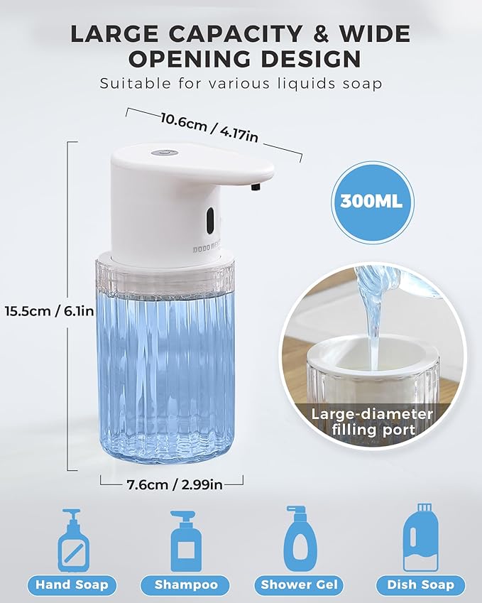 Automatic Liquid Soap Dispenser Touchless, 10oz/300ml Rechargeable, 3 Adjustable Liquid Levels, IPX5 Waterproof, for Kitchen Bathroom, White