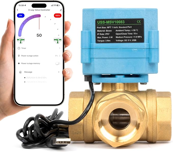 U.S. Solid WiFi Smart Motorized Ball Valve 1 inch NPT for Water Control & Irrigation, 3 Way Brass Electric Valve, USB Powered, LED Status Indicator, Flow Direction Window, Remote On/Off Control