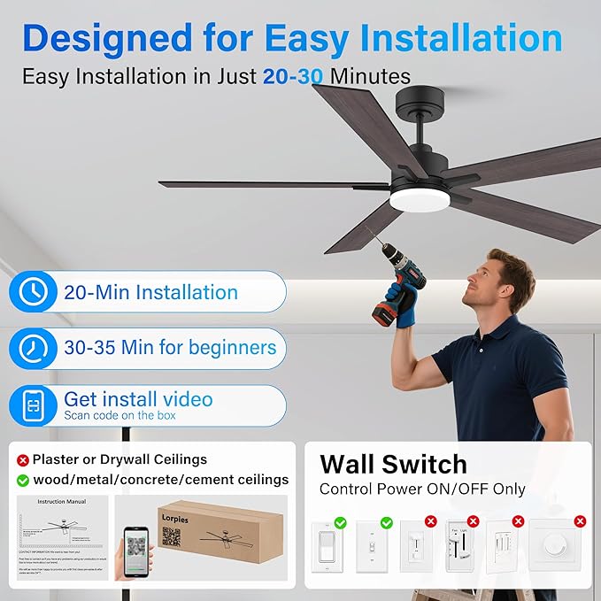 Lorpies 52” Smart Ceiling Fan with Lights Remote,Ultra Silent DC Motor,Control via Alexa Google Voice App Wifi,Outdoor Indoor Modern Ceiling Fans for Bedroom Patio Porch,Dimmable,Black Walnut Brown