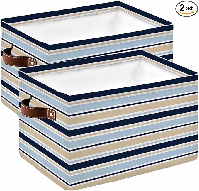 Navy Blue Khaki Striped Storage Bins Cubes Waterproof Cloth Storage Basket,Farmhouse Stripes Modern Abstract Art Foldable Storage Bags for Shelf Storages Organizers with Handles 15x11x9.5 in 2PCS