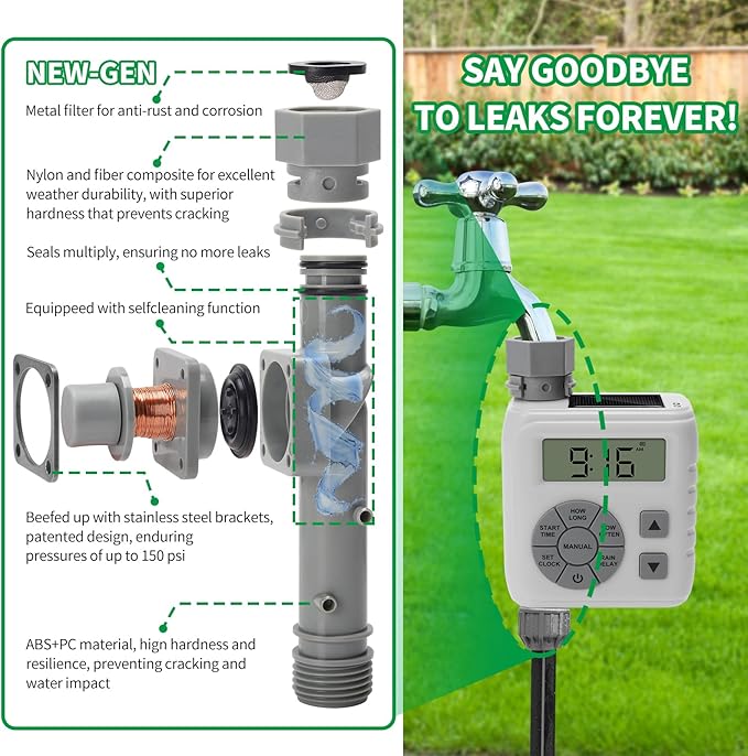 Hose Timer, Zuomeng Water Timer for Garden Hose with Dual Power Design, Leak-Proof Design, Smart Irrigation System with Rain Delay, Auto & Manual Modes for Lawn and Garden Watering, Gray