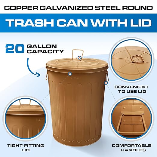 Plexon 20 Gallon Metal Trash Can with Lid Outdoor Large Trash Bin Steel Garbage Can for Garage Patio Farmhouse Bucket Bird Seed Storage Can Heavy Duty Round Container, Copper 2 Pack